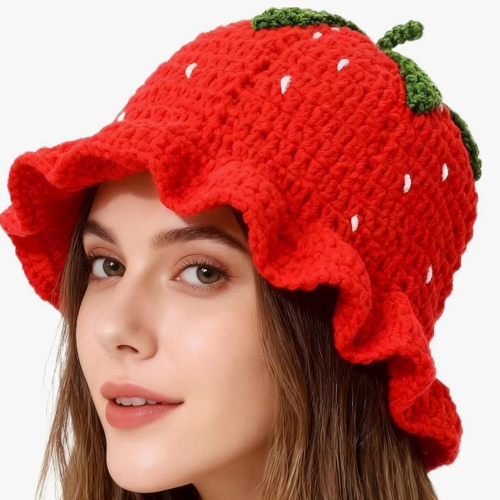 Red Crochet Strawberry-Style Bucket Hat with Green Leaf Detail